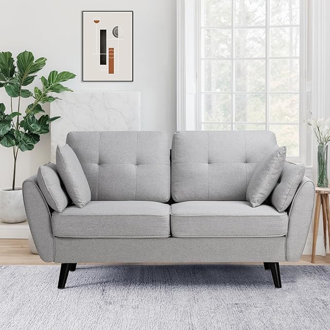 63" Modern Loveseat Sofa Couch,Mid Century Couches for Living Room, Upholstered 2-Seat Love Seats with Pillow, Comfortable Small Space Sofa for Bedroom, Apartment