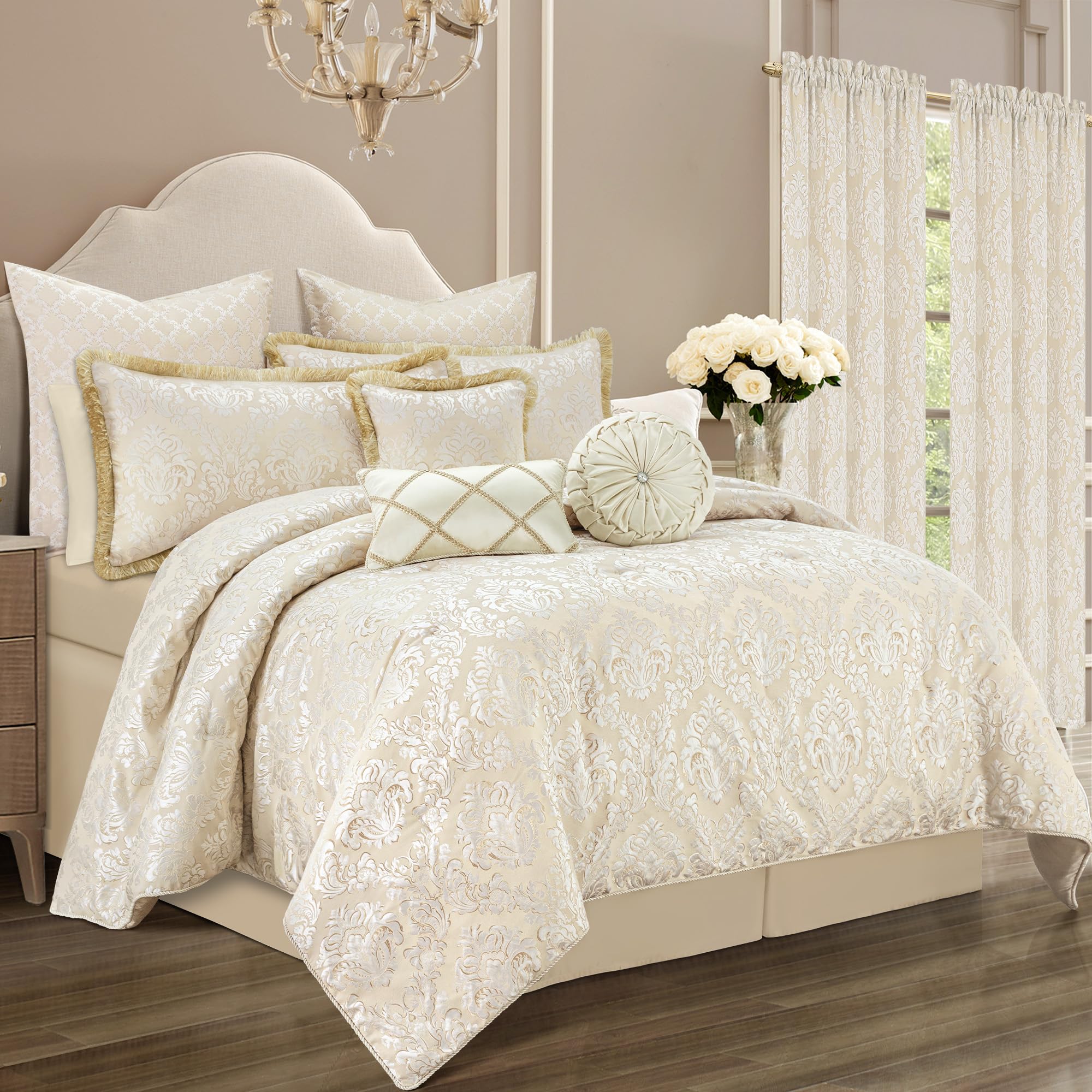 9-Piece Damask Comforter Set - Jacquard Medallion Floral Bedding Queen