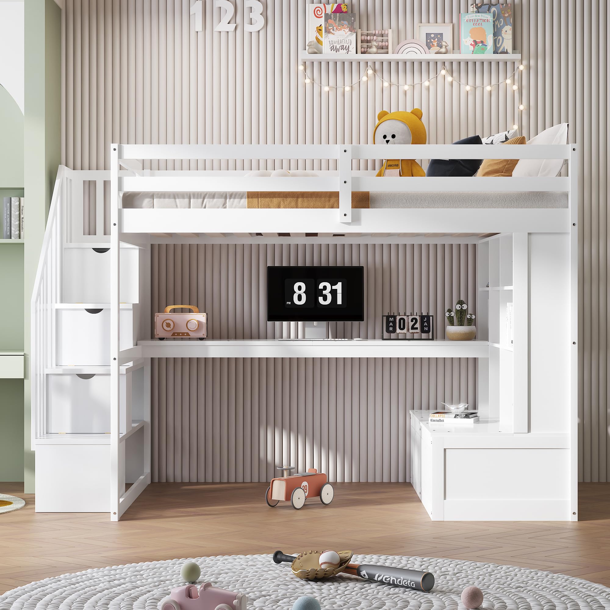 Size Loft Bed with Desk and Storage Stairs, Wood Loft Bed Full with Shelves & 2 Storage