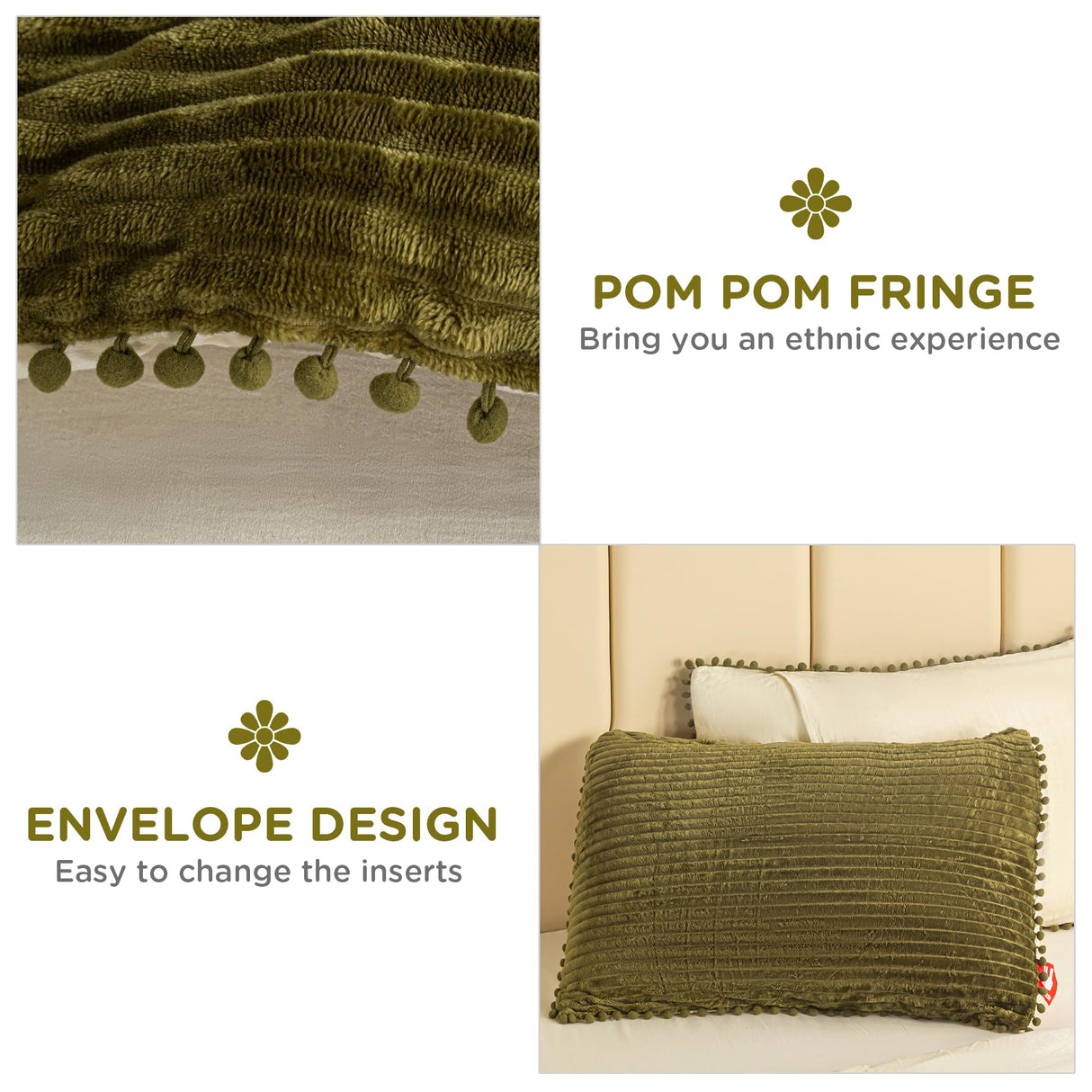 Olive Green Comforter Set Queen, 3pcs Reversible Boho Ball Pom Fringe Aesthetic Striped