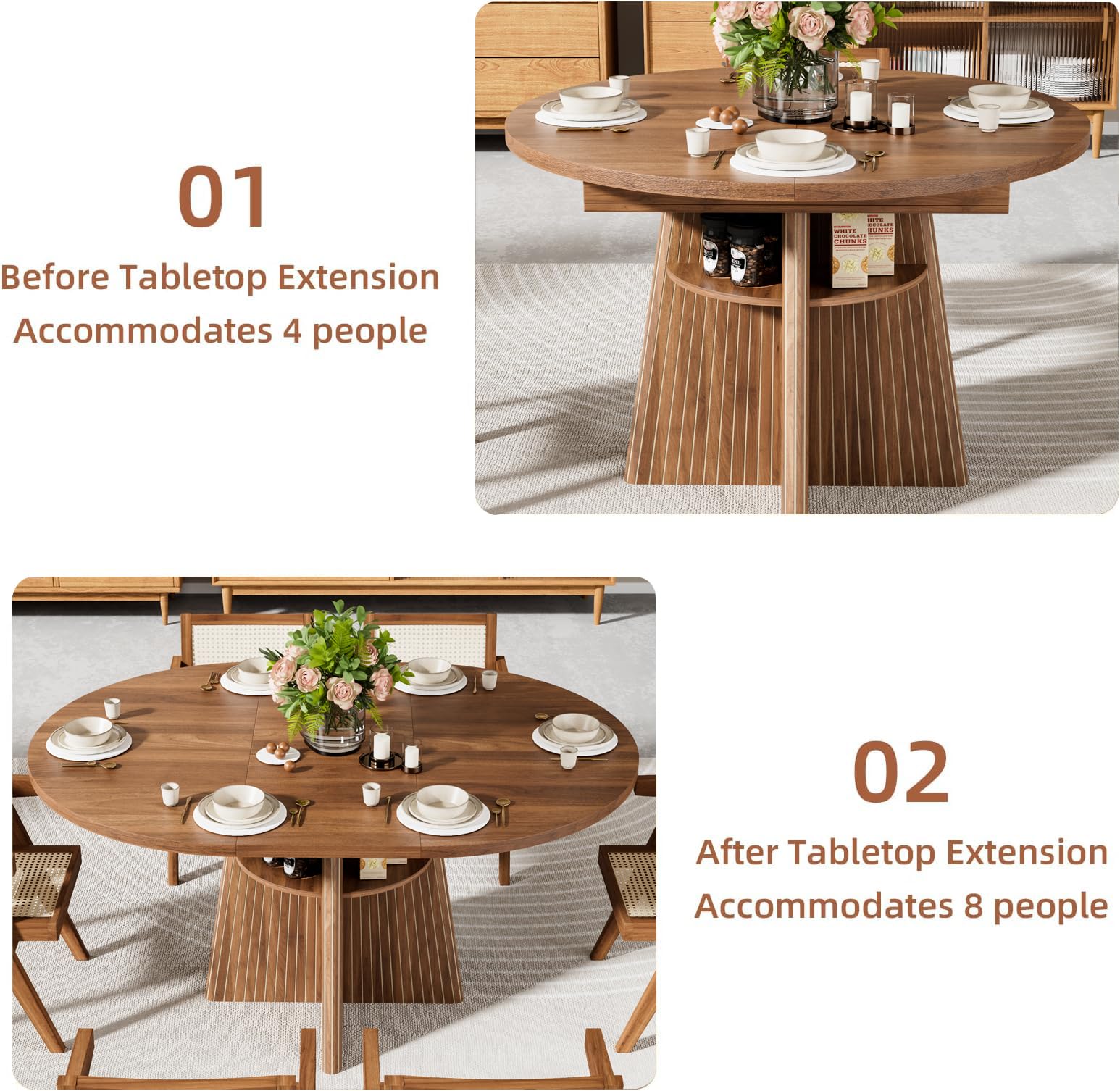 Extendable Round Dining Table with Storage Shelves