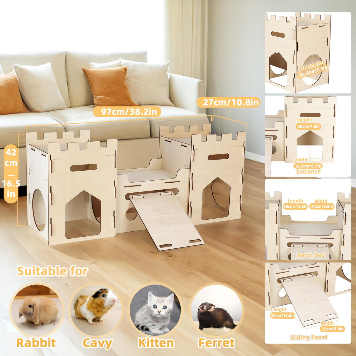 Wooden Bunny Castle House Multistory Climbing Tower Hideout Ventilated Sturdy Habitat