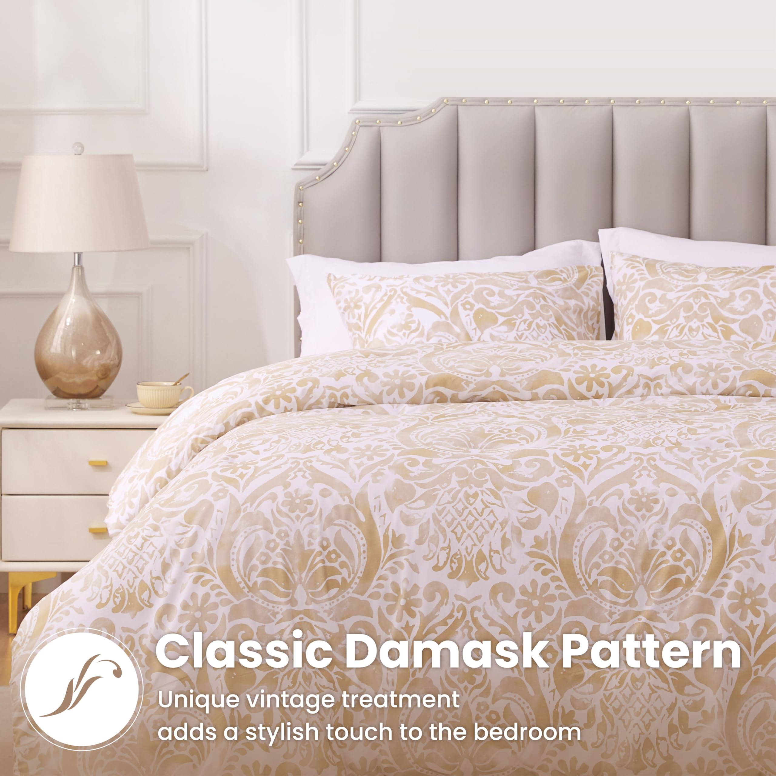 Sophia Willam Damask 3 Pieces Comforter Set Queen Size, Cotton Fabric with Microfiber Inner Fill, 1 Comforter (88x92) and 2 Pillowcases (26x20),Bronze Damask