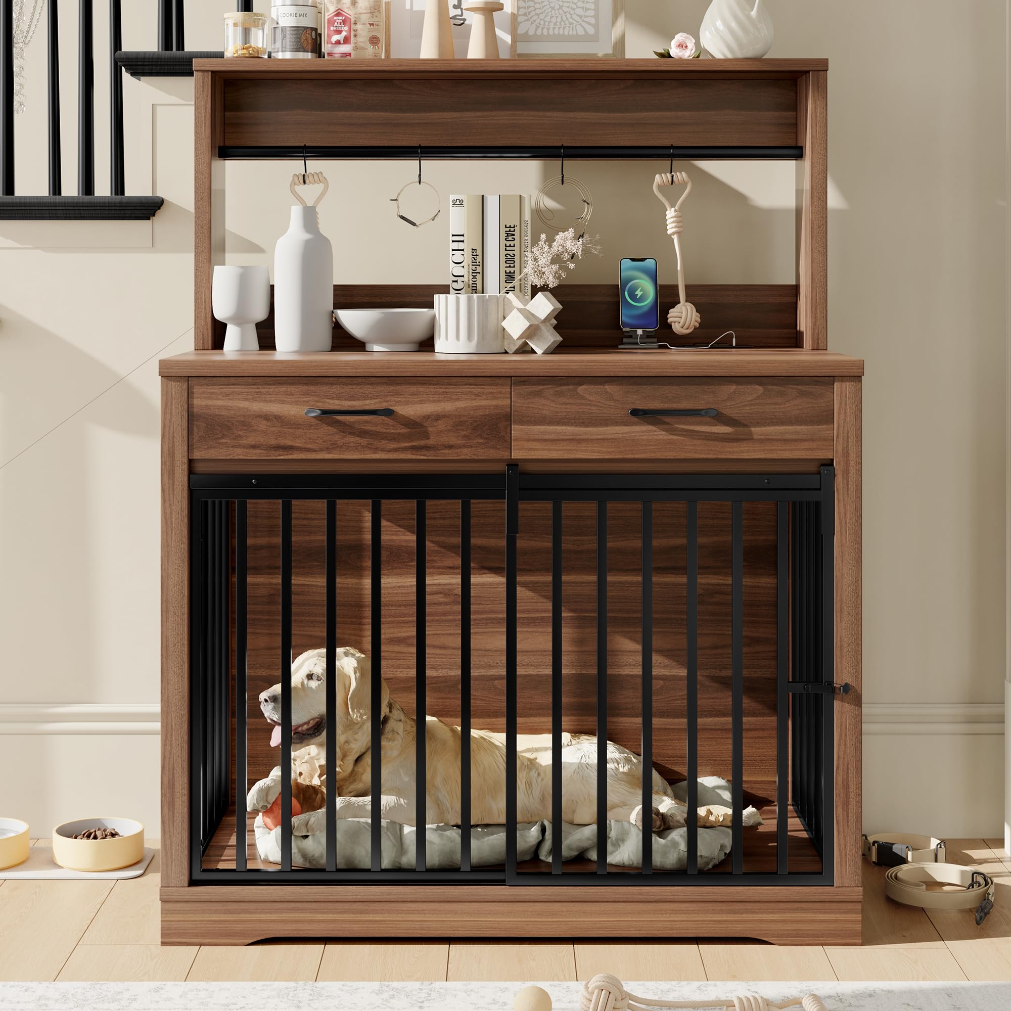 Modern Dog Crate Furniture with Charging Station - 38 Inch