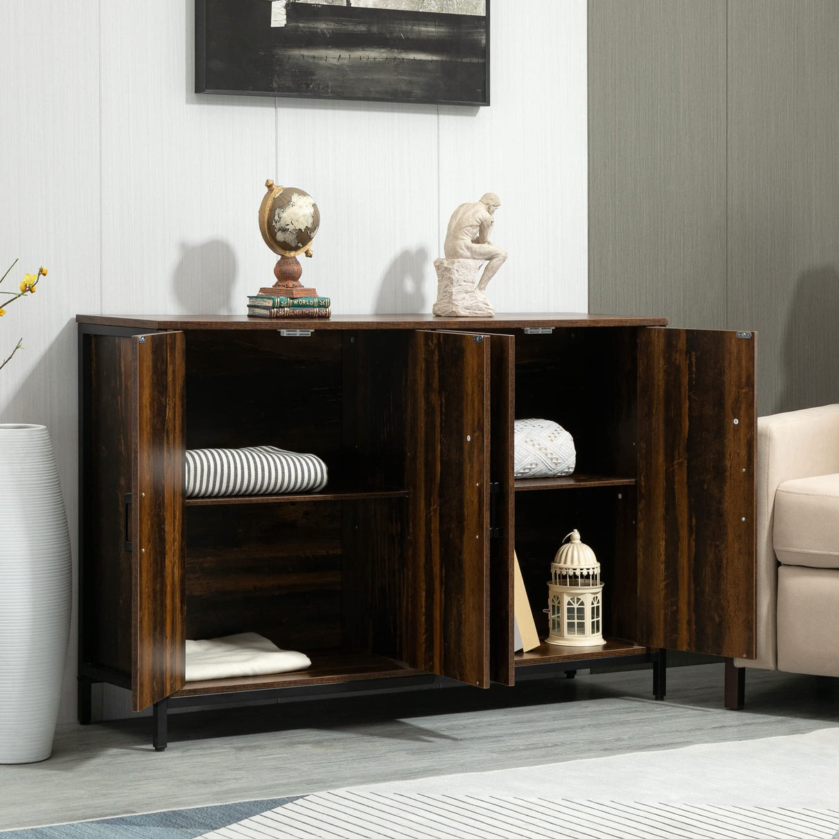 Industrial Buffet Cabinet Sideboard with Doors, Kitchen Storage Cabinet with Adjustable