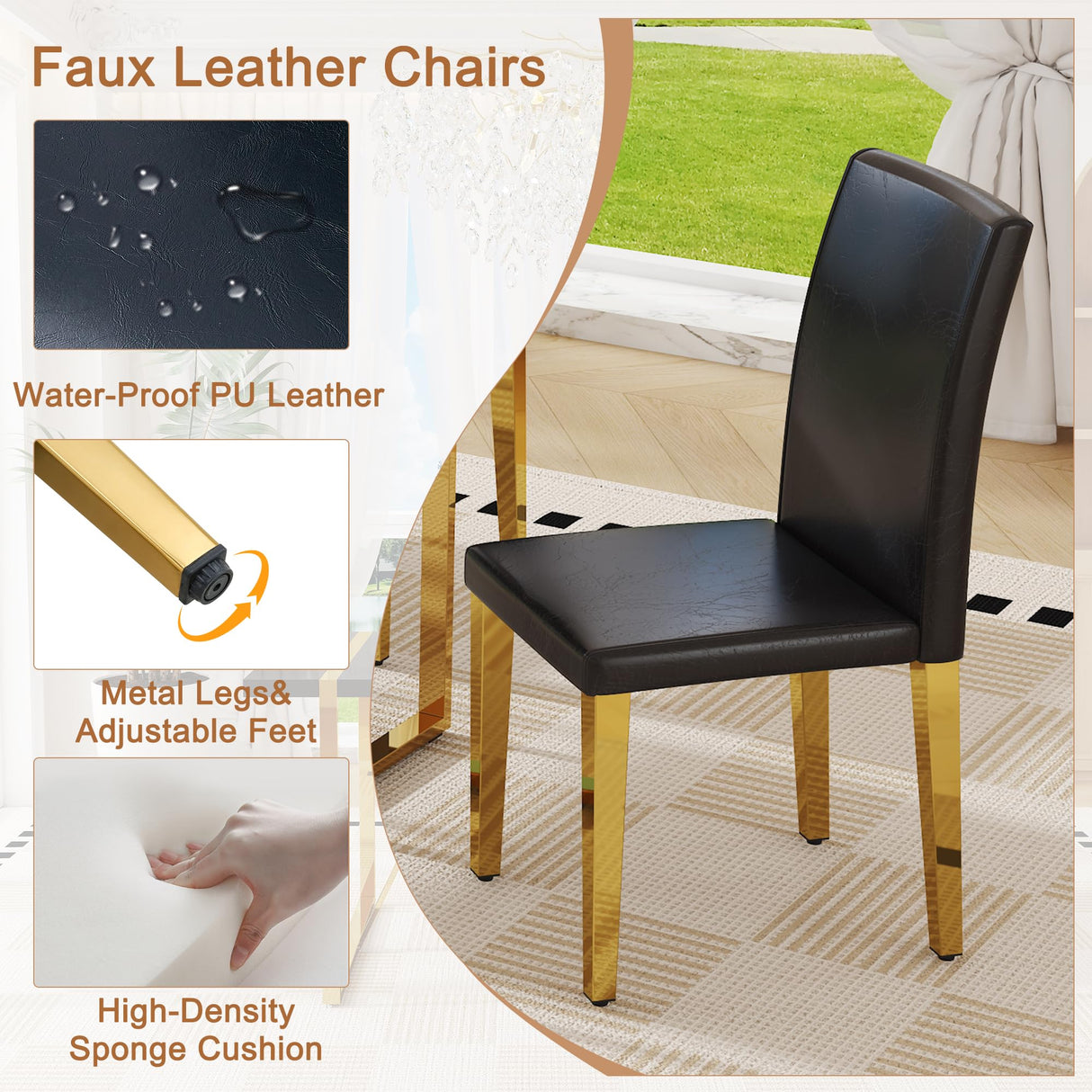 55" Black Dining Table Set for 6 with Golden Metal Legs