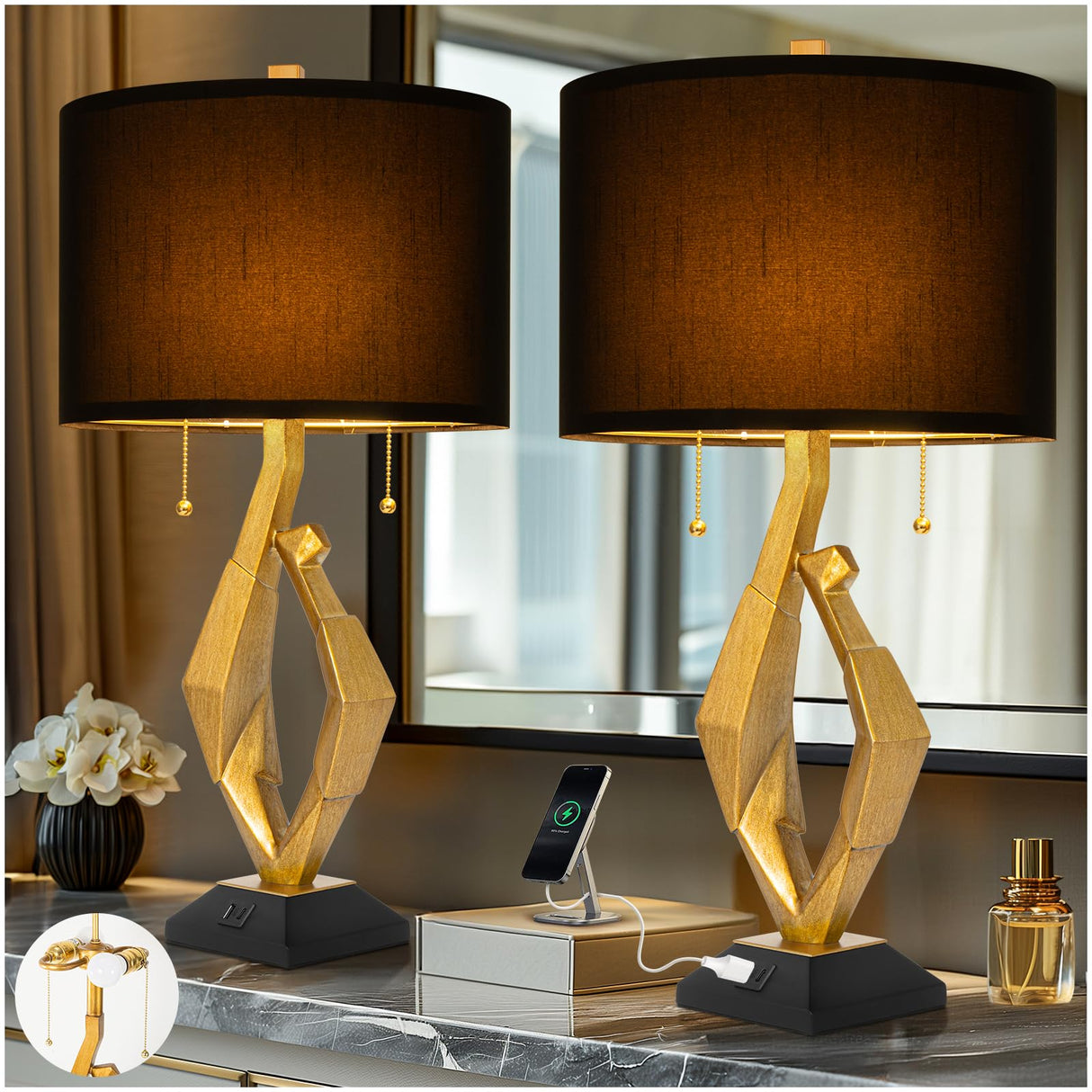 Table Lamp Set of 2 with USB Ports For Living Room, Gold Leaf Finish Farmhouse Bedside