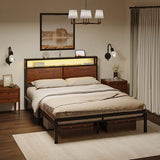 Full Bed Frame with Storage Headboard Metal Platform Bed with LED Lights USB Ports