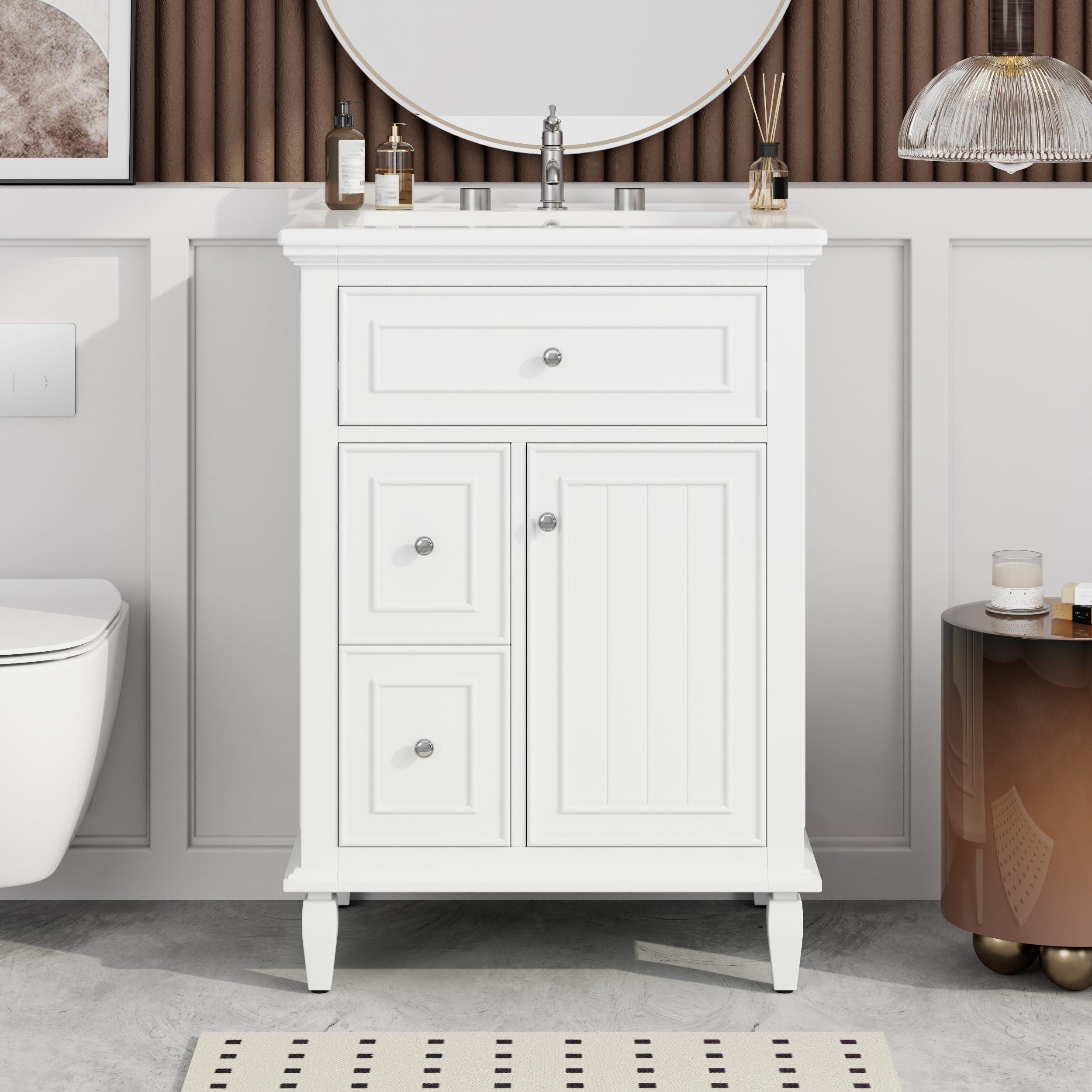 24" Bathroom Vanities with Undermount Sink, Storage Cabinet with Tip-Out Drawer