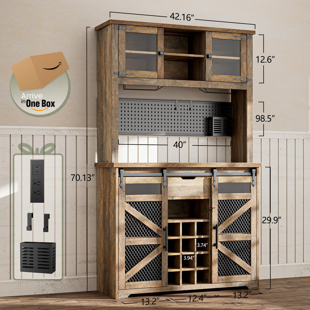 Farmhouse Coffee Bar Cabinet with Power Outlet, LED Light, 13 Storage Shelves