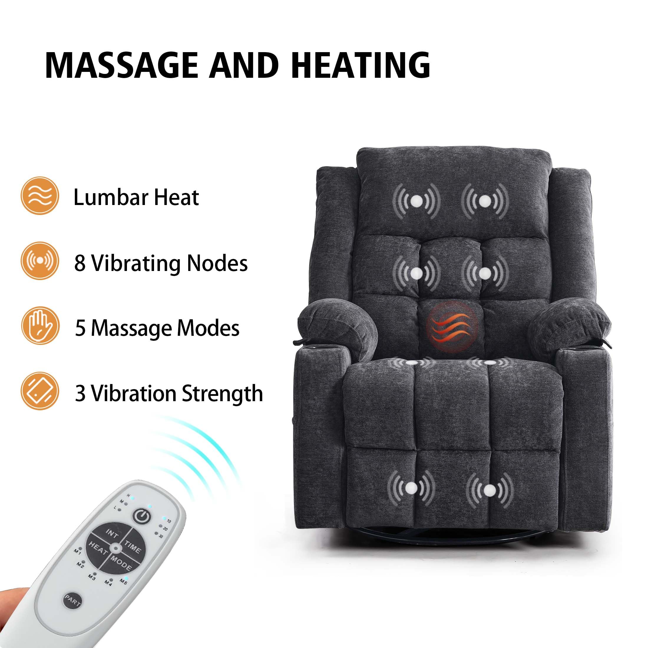 ZeniLuxe Swivel Recliner Chair with Massage, Heat, USB-C & Cup Holders