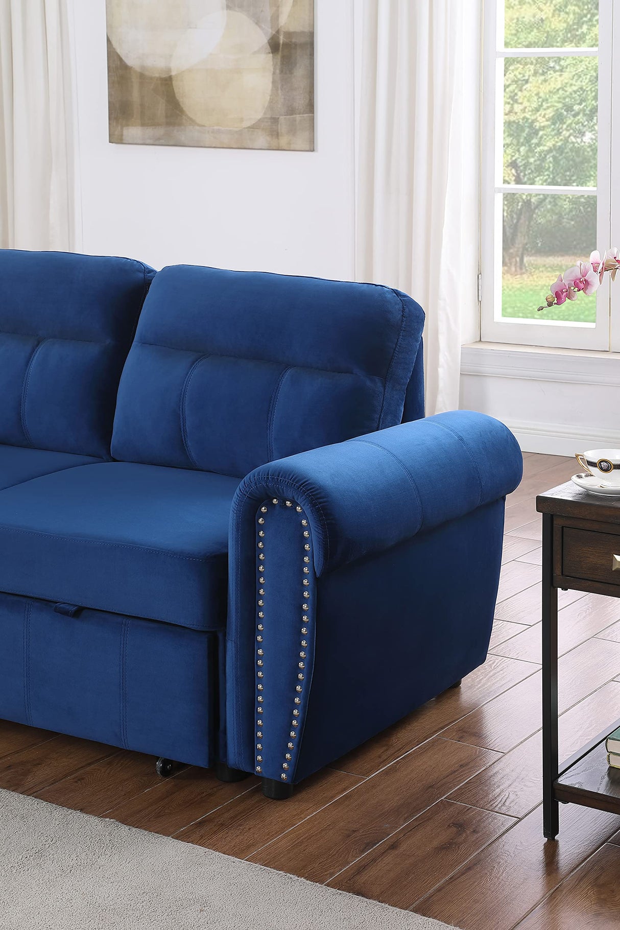 Ashton Blue Velvet Fabric Reversible Sleeper Sectional Sofa Chaise