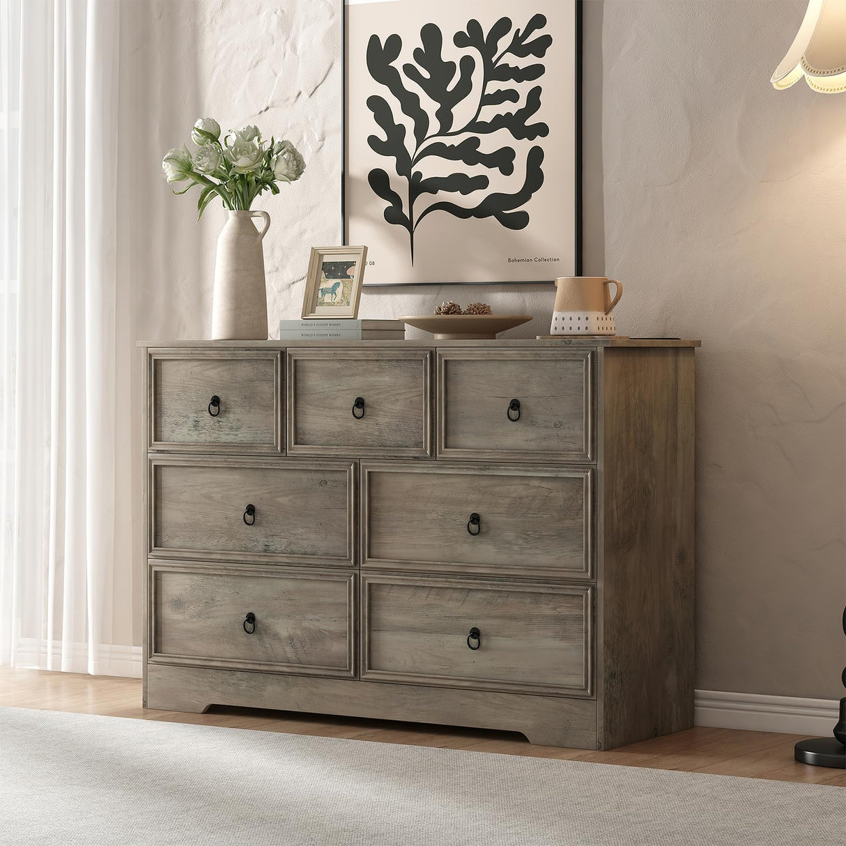 7 Drawers Dresser for Bedroom, Rustic Wood Dresser with Power Outlet, Wide Chest