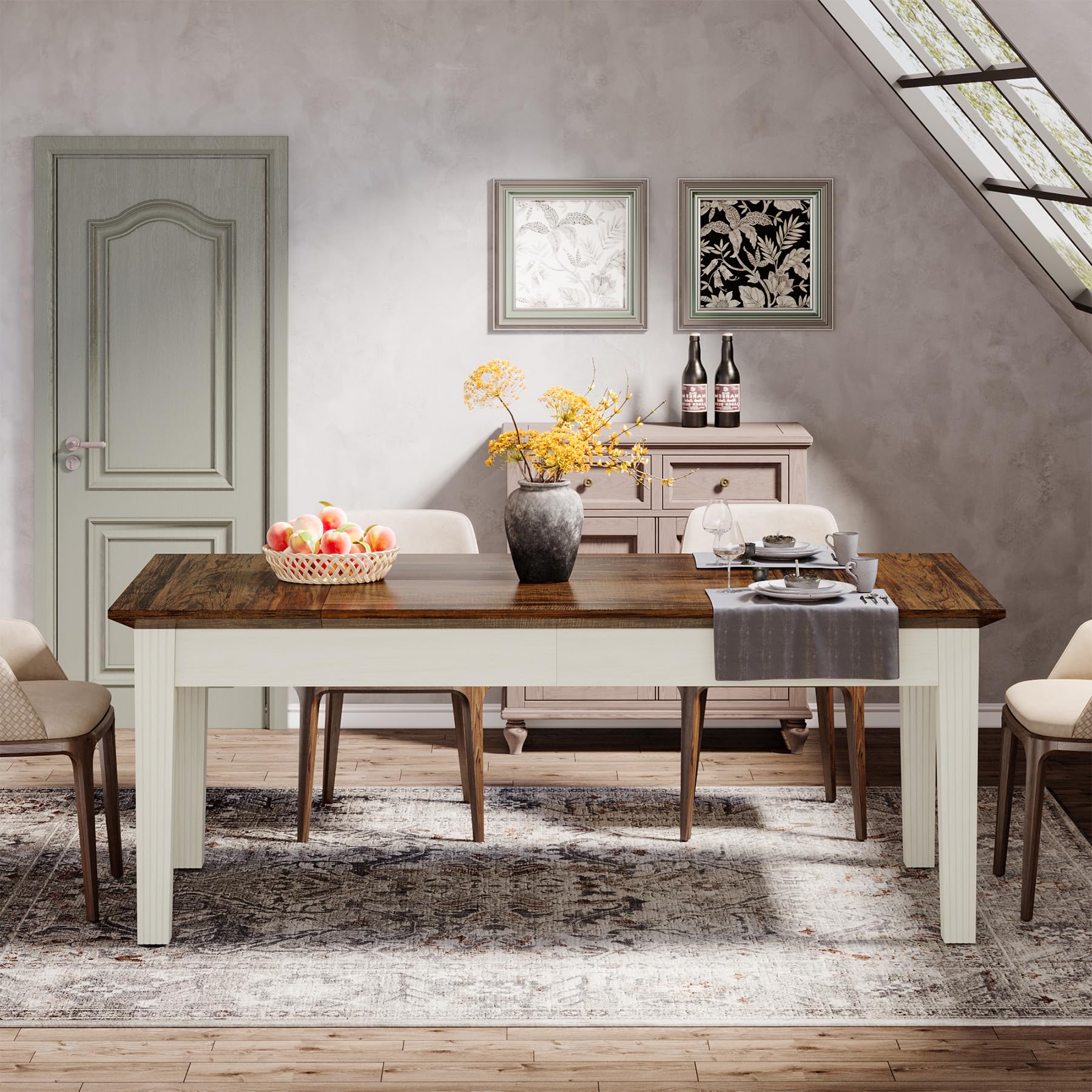 62-Inch Rectangular Dining Table with Solid Wood Legs - Rustic Brown & Cream White