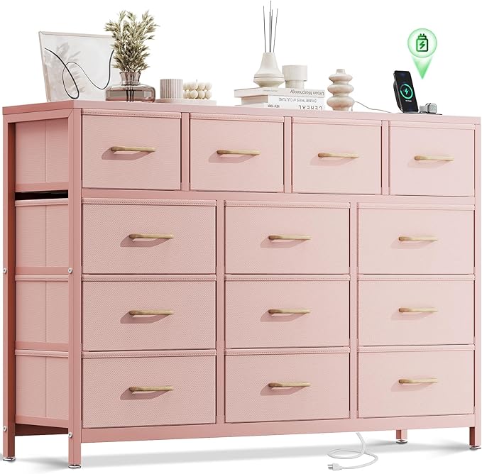 Dresser for Bedroom with Charging Station, 57" Long Dresser with 13 Storage Drawers