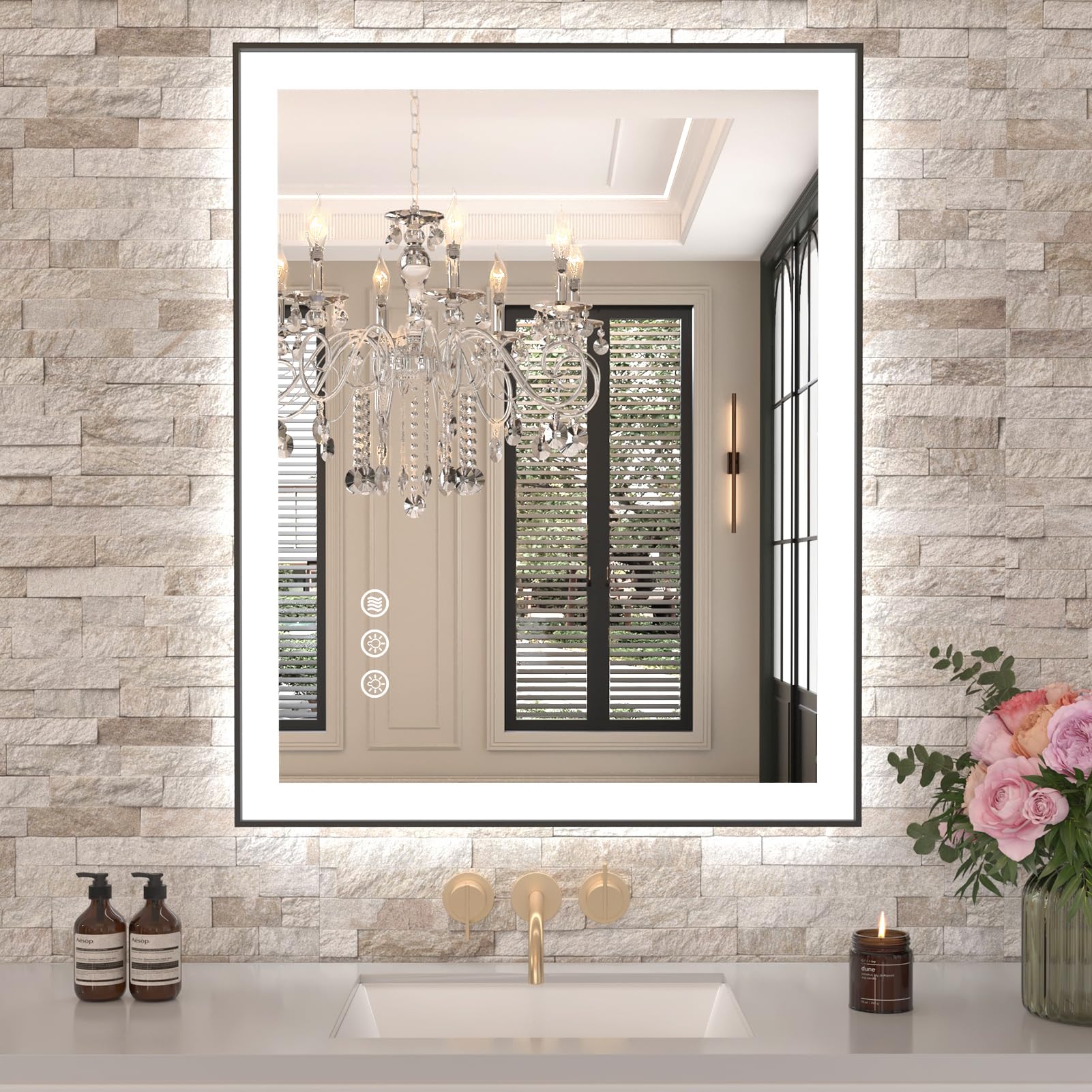 LED Bathroom Mirror with Black Frame, Front Light and Backlit