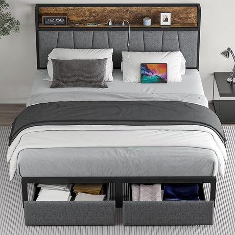 Queen Size Bed Frame with Headboard and Storage, Drawers Platform Bed Frame