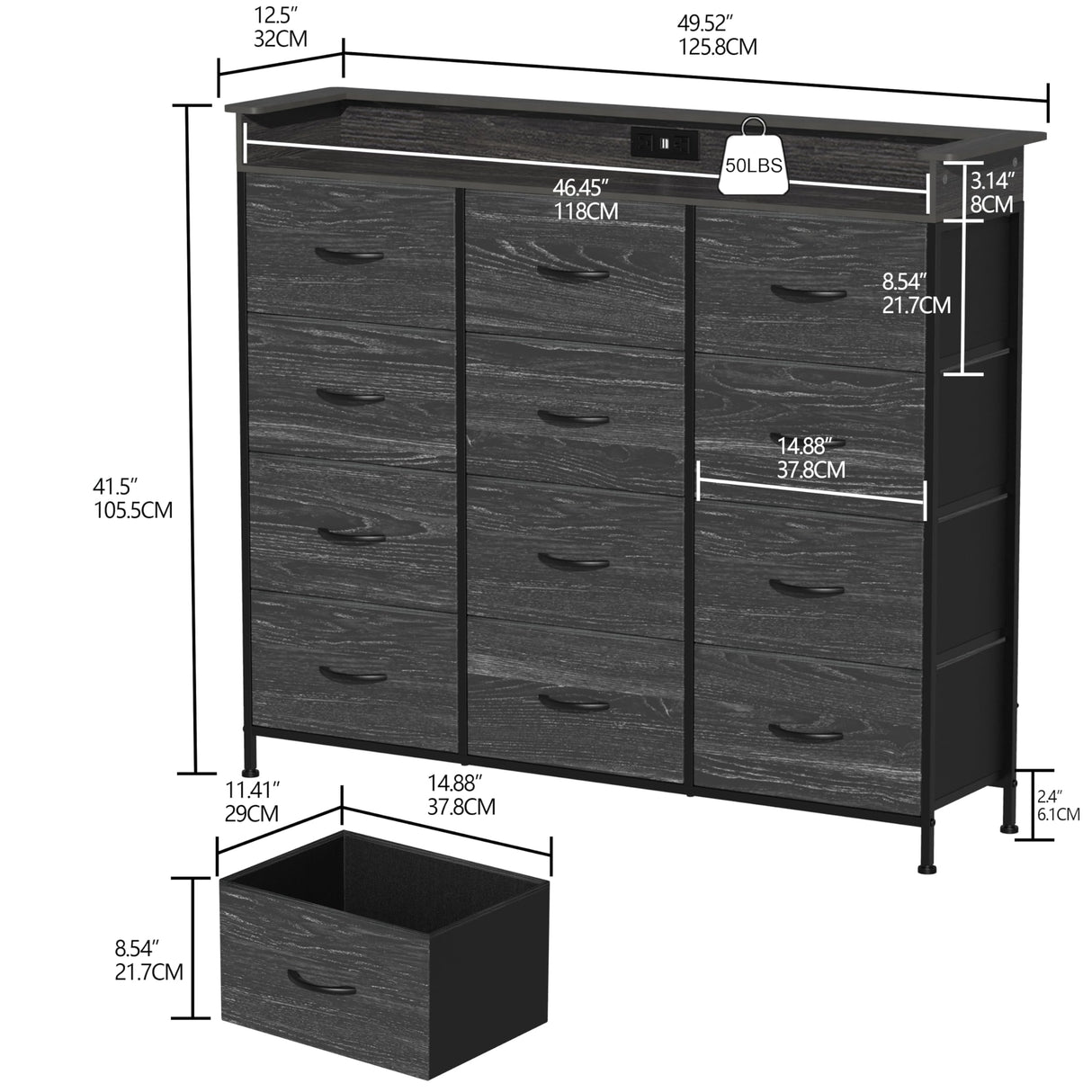 9Black Dresser with LED Light 12 Drawers Dresser with Charging Station Dresser