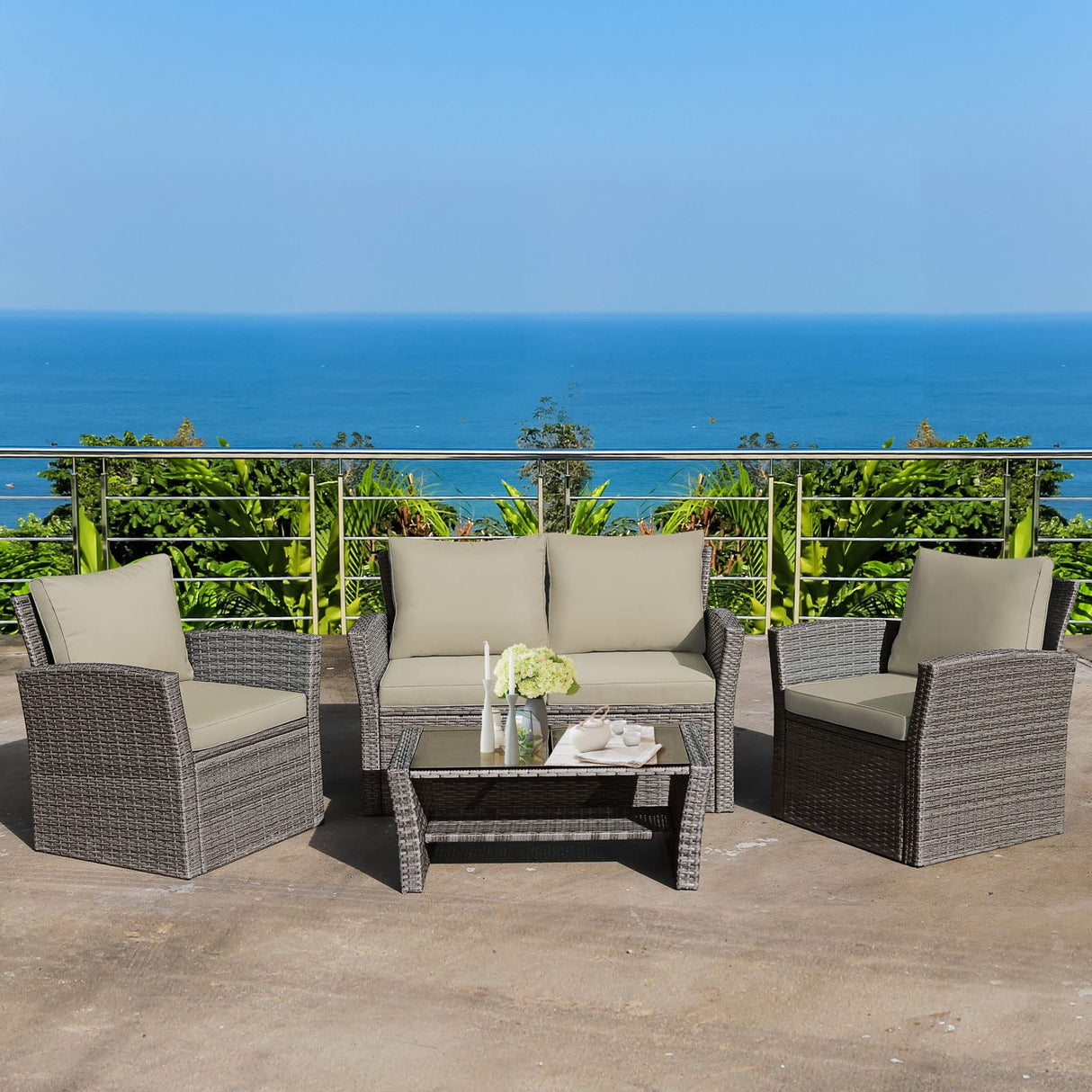 4 Pieces Patio Furniture Set, All Weather Outdoor Sectional Rattan Sofa Set