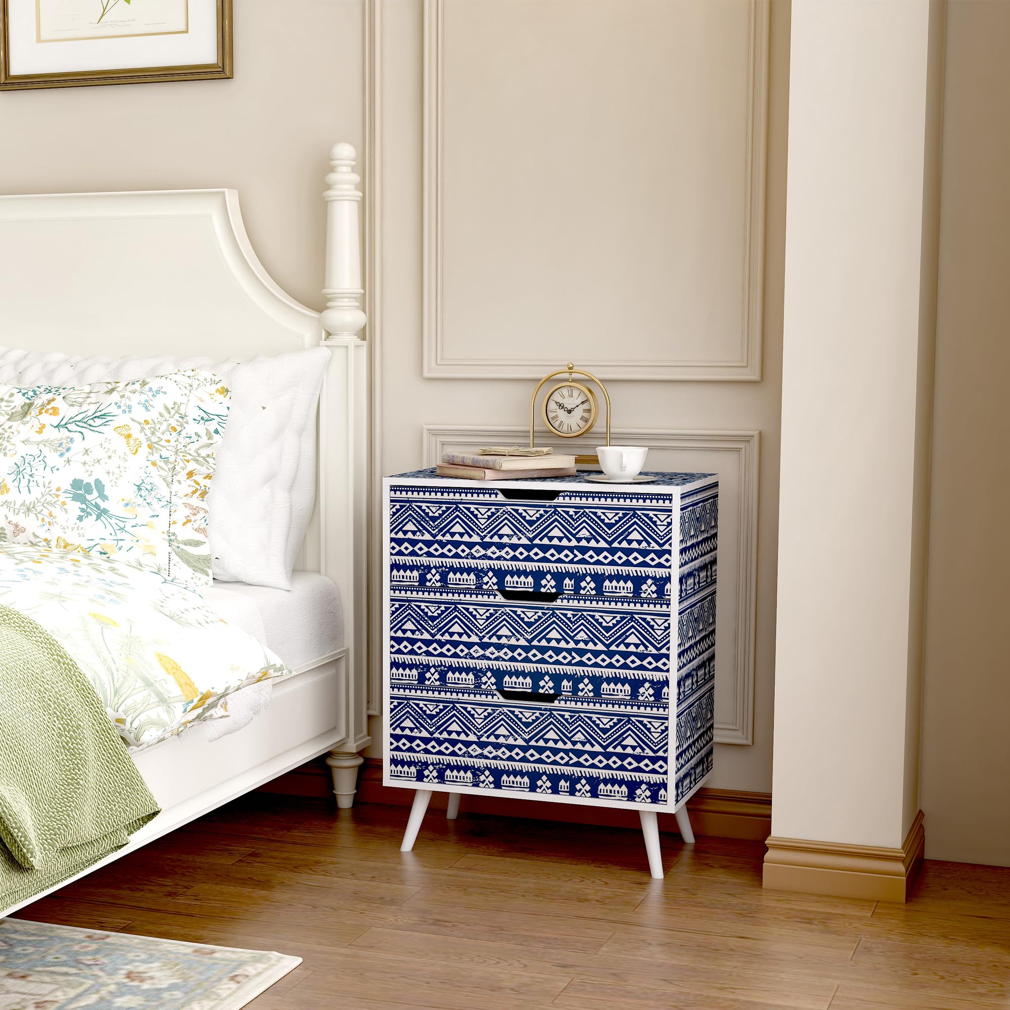Boho Nightstand Set of 2,Blue Night Stand with 3 Drawer,Bohemian Nightstand Bedside