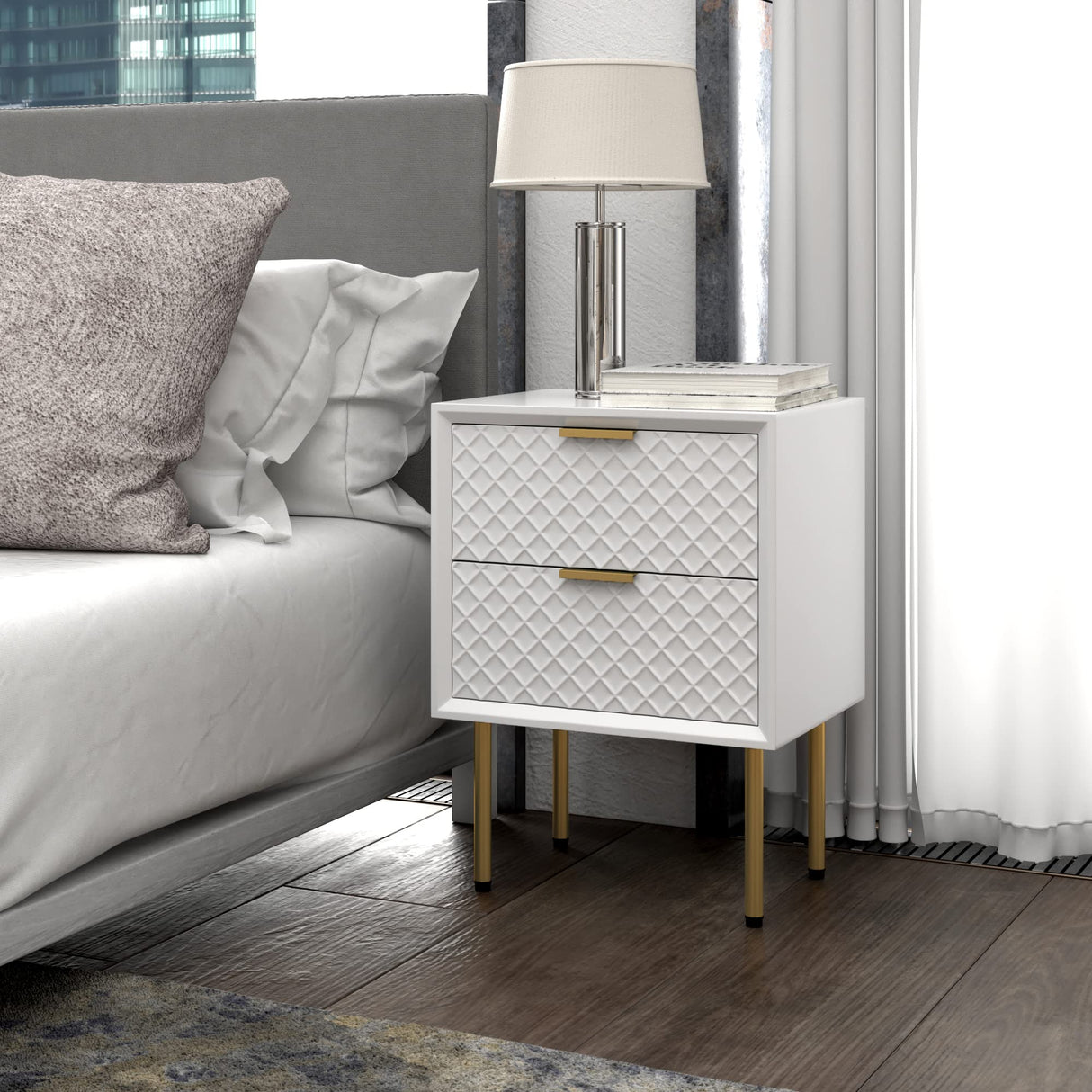 Modern 2-Drawer Nightstand Set of 2, Contemporary Side Table, Retro-Inspired