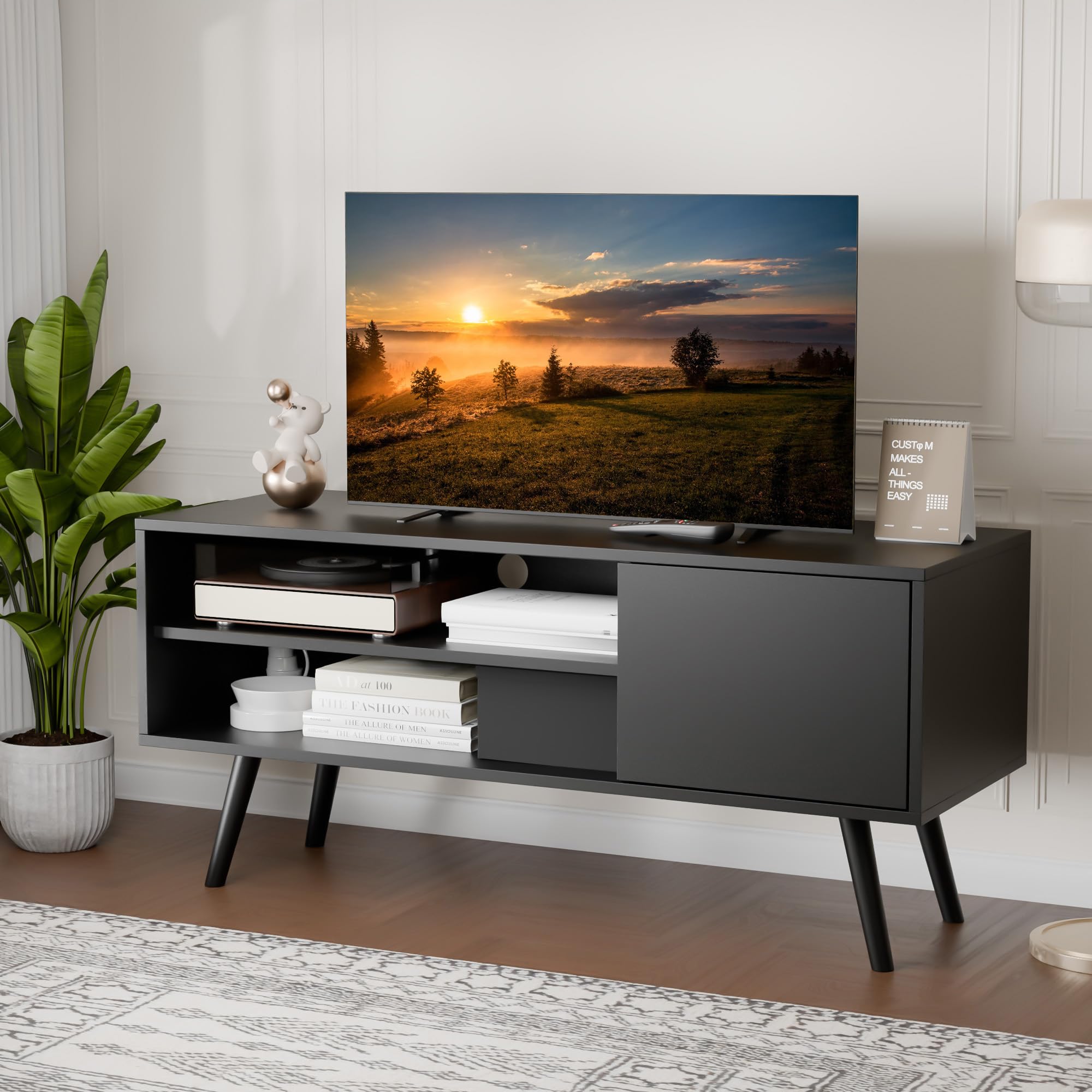 TV Stand for 50 Inch TV, Mid Century Modern Entertainment Center with Storage Cabinet,