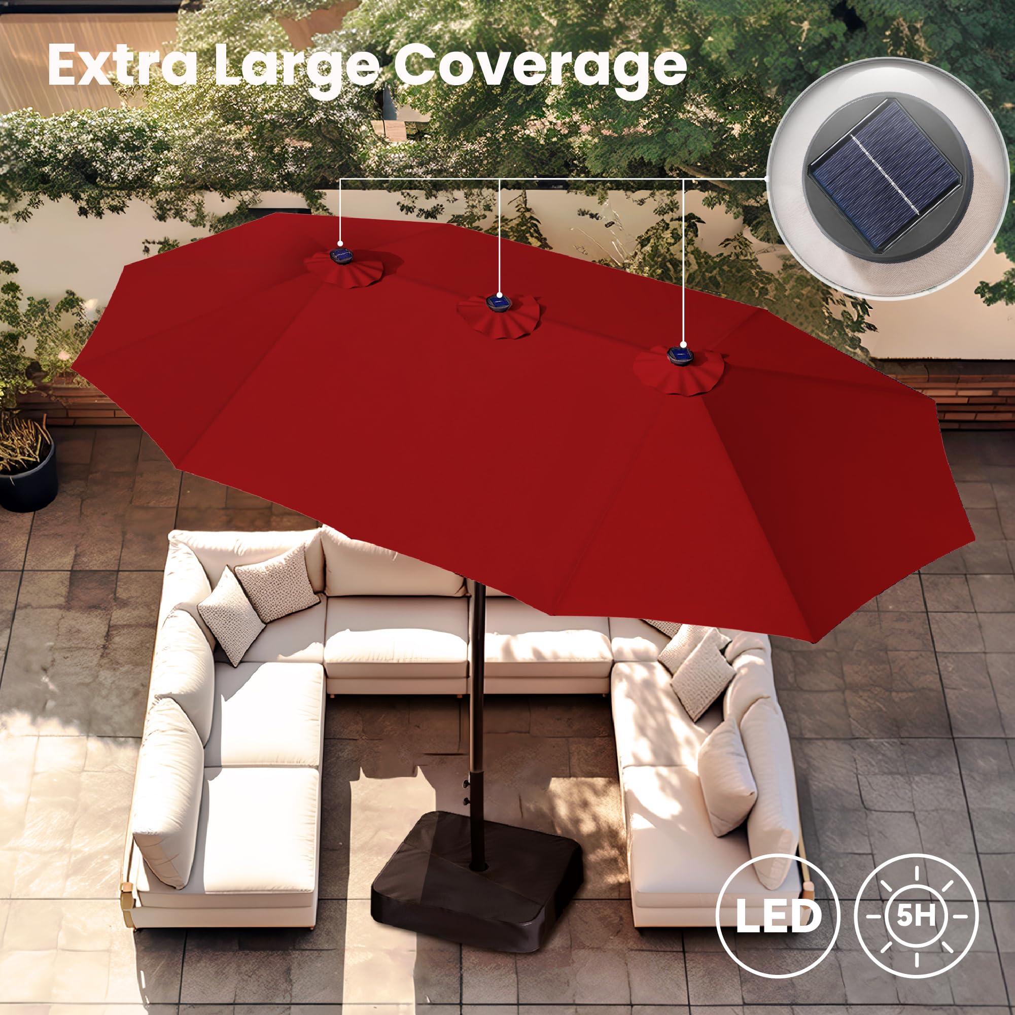 15ft Large Patio Umbrellas with 36 LED Solar Lights, Double-Sided Outdoor Market
