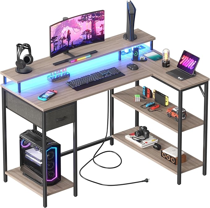 PC Gaming Desk 44 Inch Z Shaped Carbon Fiber Surface Desktop Computer Table with Cup Holder