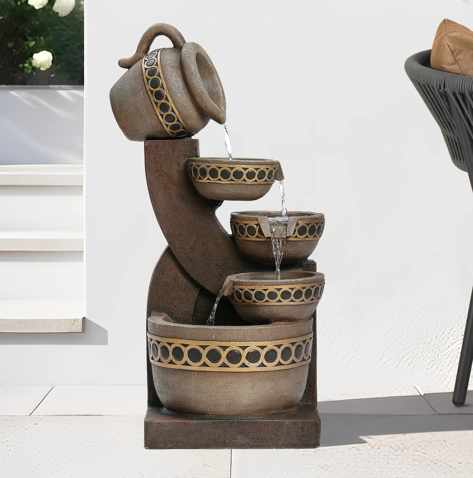 Outdoor Water Fountain, 5 Tiered Polyresin Cascading Pitchers Outdoor Fountains