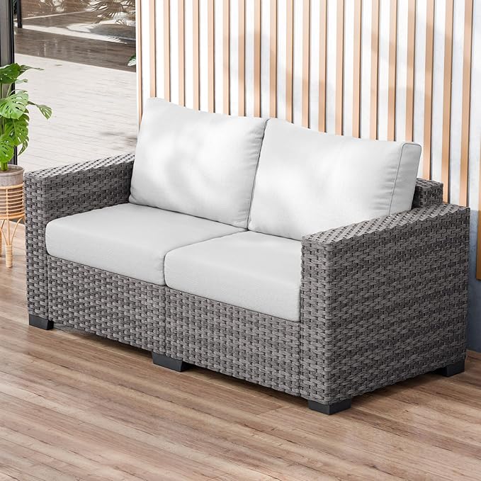 Outdoor Wicker Patio Couch Loveseat, Large Deep 2 Seats Gray Rattan Sofa Chair for Porch Yard Deck Backyard, Gray Cushions