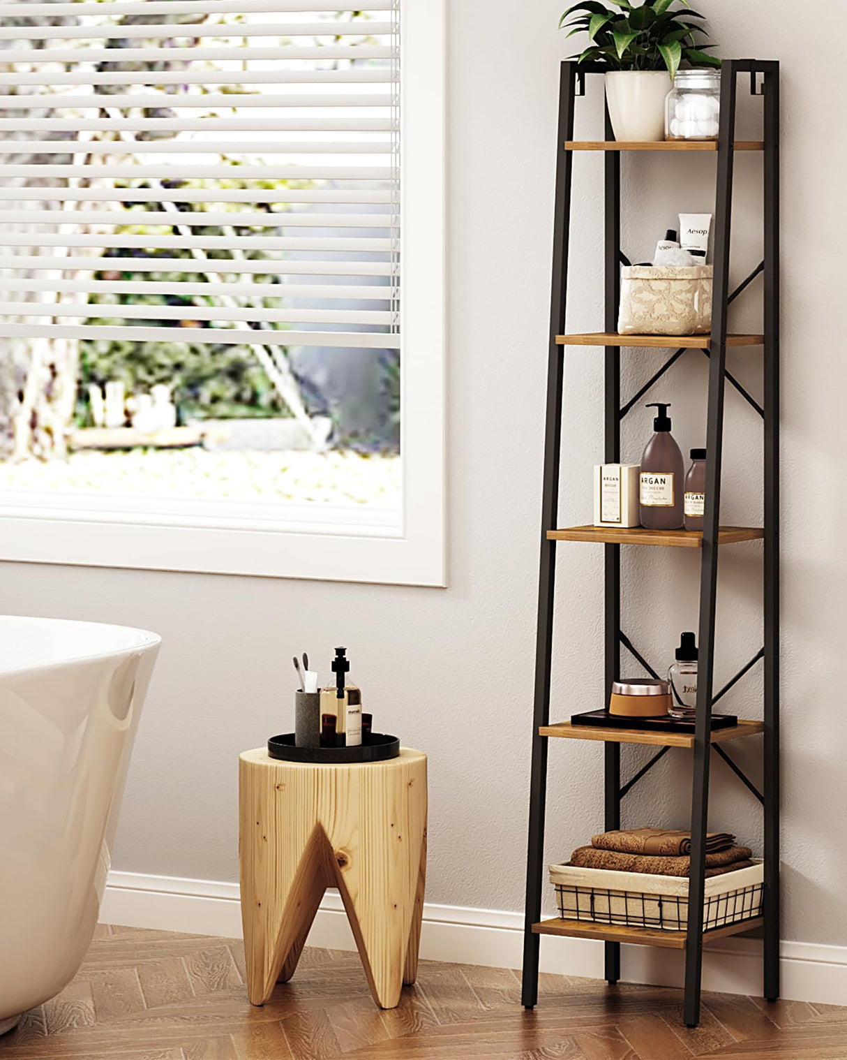 Ladder Shelf, Bookshelf Bookcase, Freestanding Corner Storage Shelve with 2 Hooks for