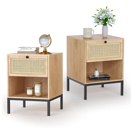 Rattan Nightstand Set of 2, Boho Bedside Table with Handmade Natural Rattan Decorative