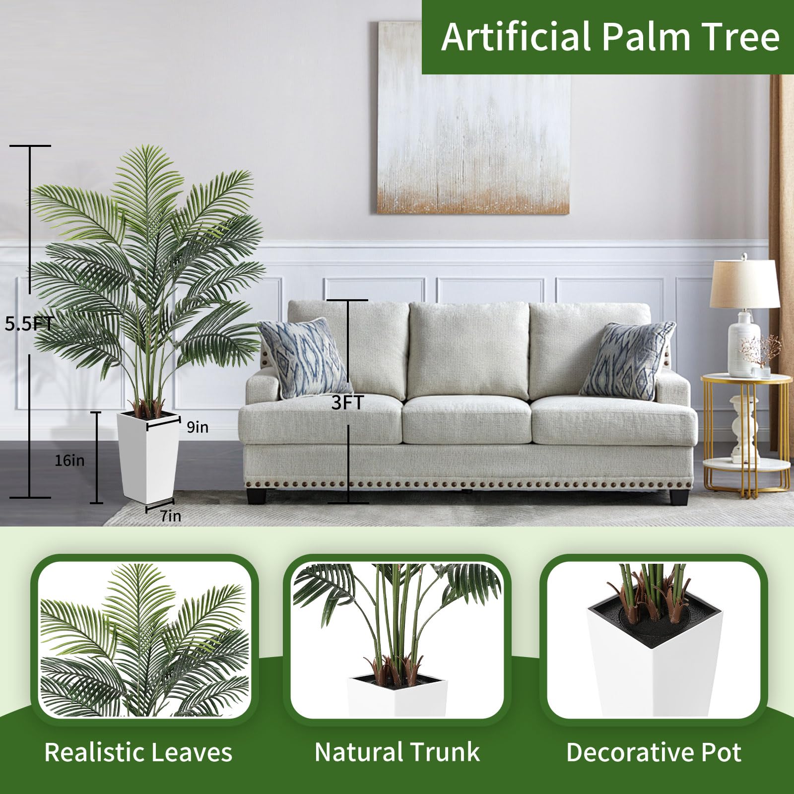 PHYTREE 5.5FT Artificial Palm Tree with Planter - Realistic Fake Palm Tree Floor Plants with Lifelike Leaves, Faux Potted Palm Plant for Home Office Decor