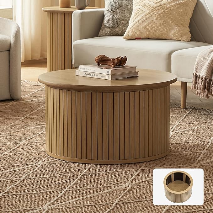 Quin Tambour Round Circle Coffee Table with Storage, Drum Accent