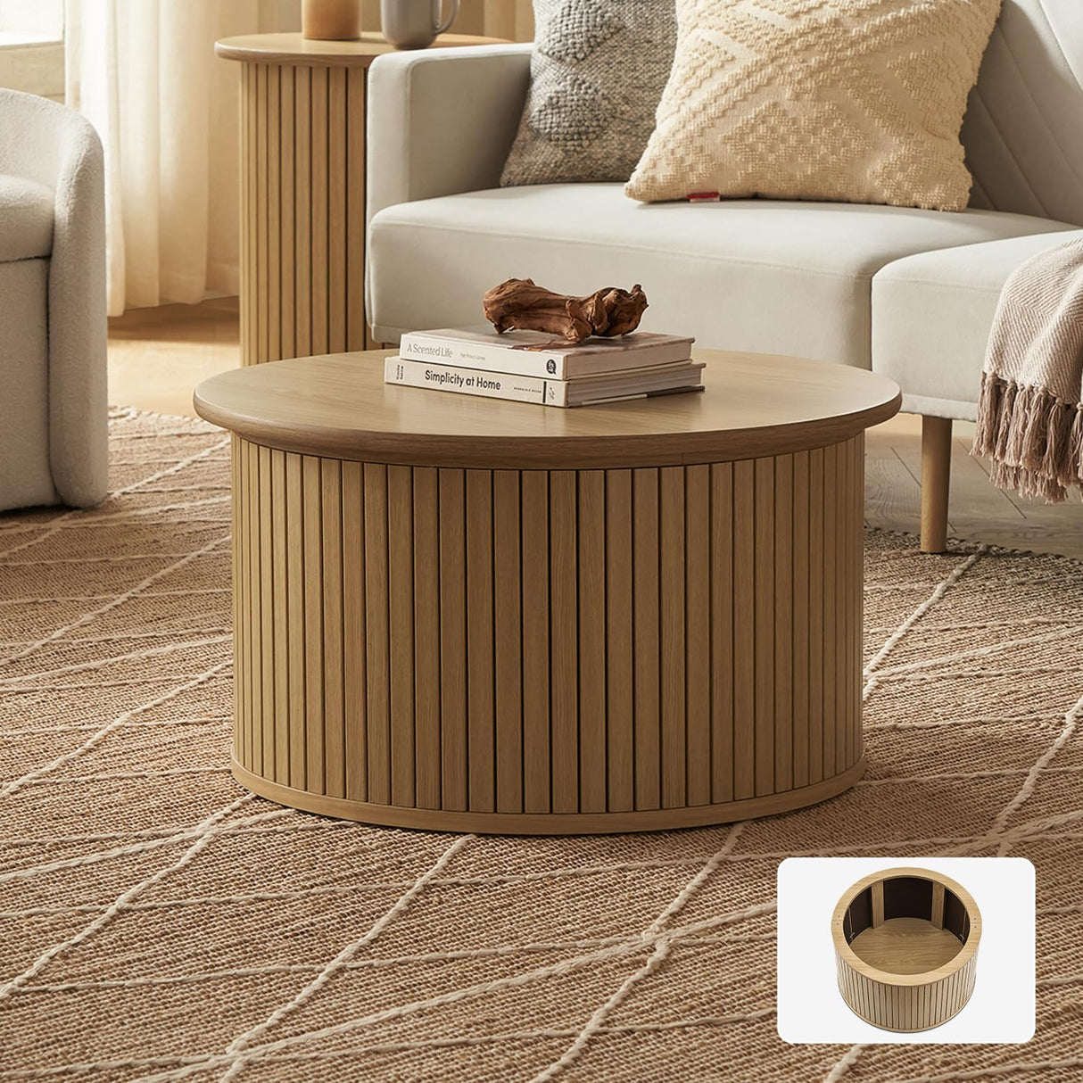 Quin Tambour Round Circle Coffee Table with Storage, Drum Accent