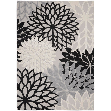 Aloha Indoor/Outdoor Black White 9' x 12' Area Rug, Tropical, Botanical, Easy Cleaning