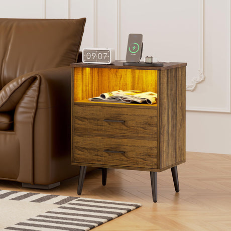 Mid Century LED Nightstand, 3 Colors Dimmable Light, Bedroom Wood Night Stand with Charging Station