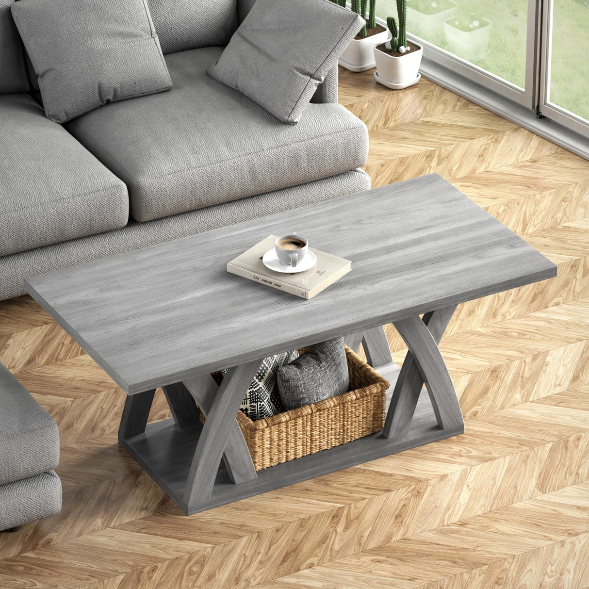 Farmhouse Coffee Table with Shelf, Wood Coffee Table for Living Room, Open Display Area