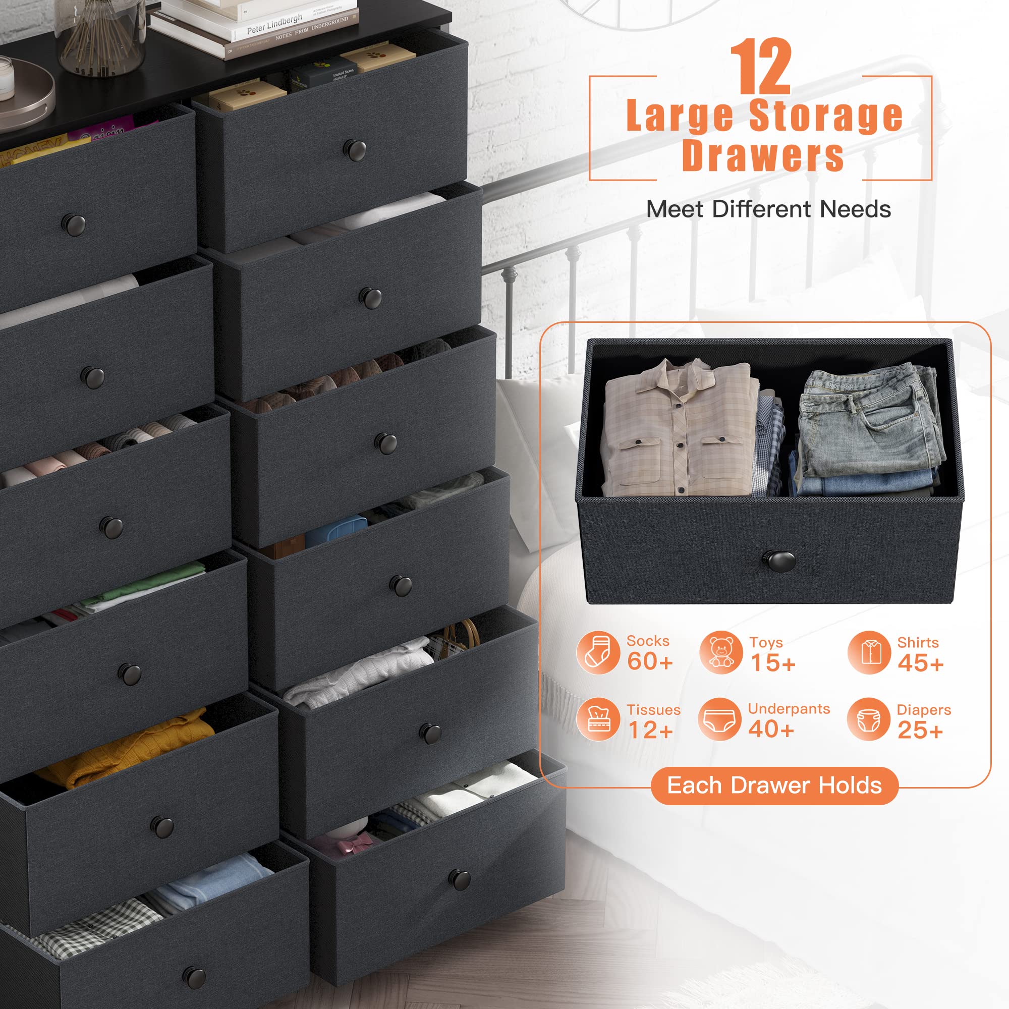 Dresser for Bedroom Tall Dresser with 12 Drawers Wooden Top and Metal Frame Black