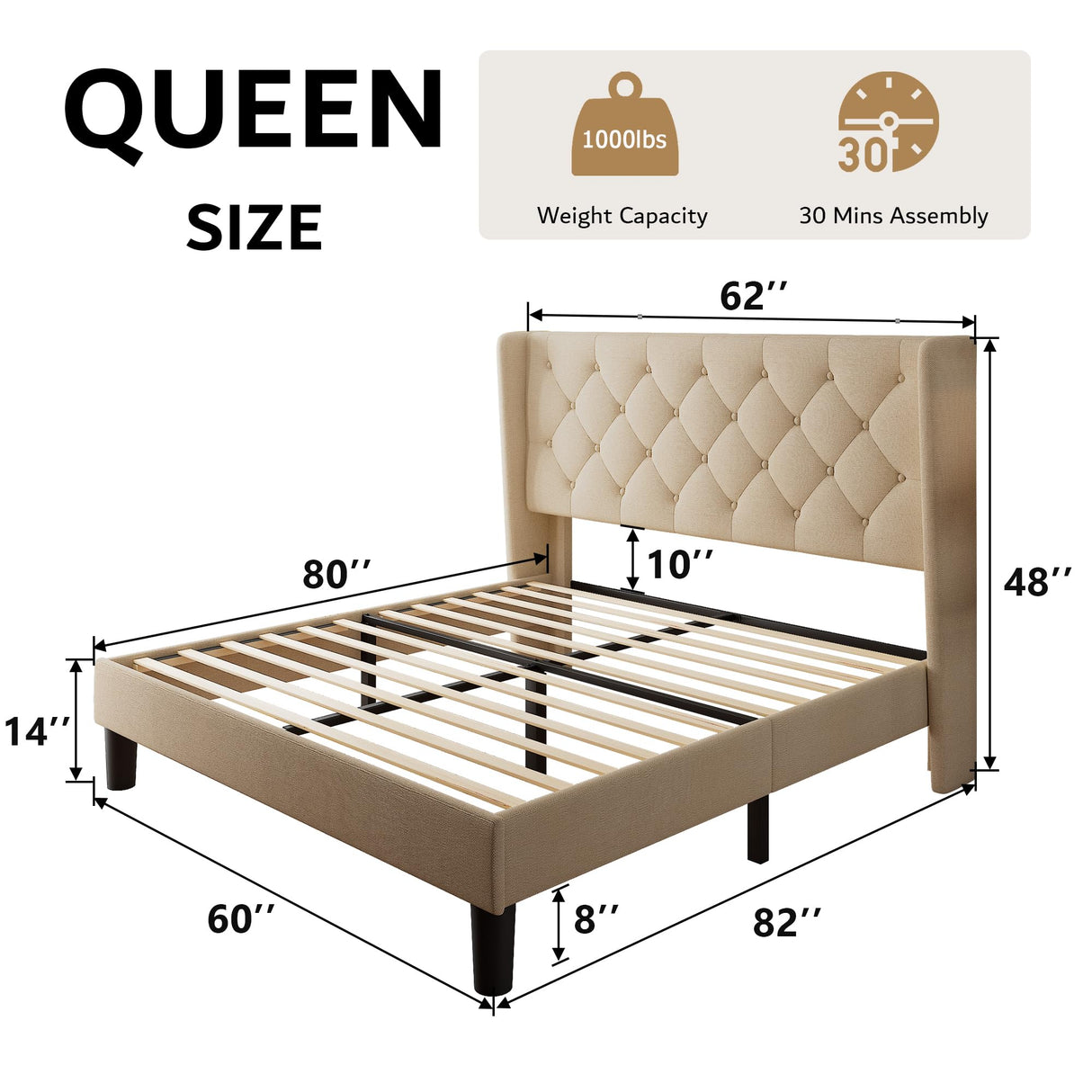 Queen Size Upholstered Platform Bed Frame, Wingback Bed Frame with Diamond Button