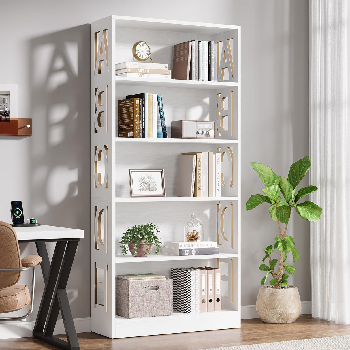 70.87-Inch Tall White Bookshelf, 5-Tier Wood Bookcase with Open Display Shelves