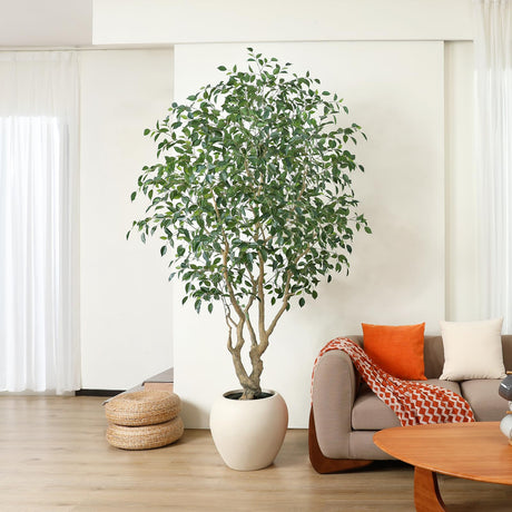 Ficus Tree Artificial Indoor, 8 Feet Tall Faux Ficus Tree with Round Artisan Planter