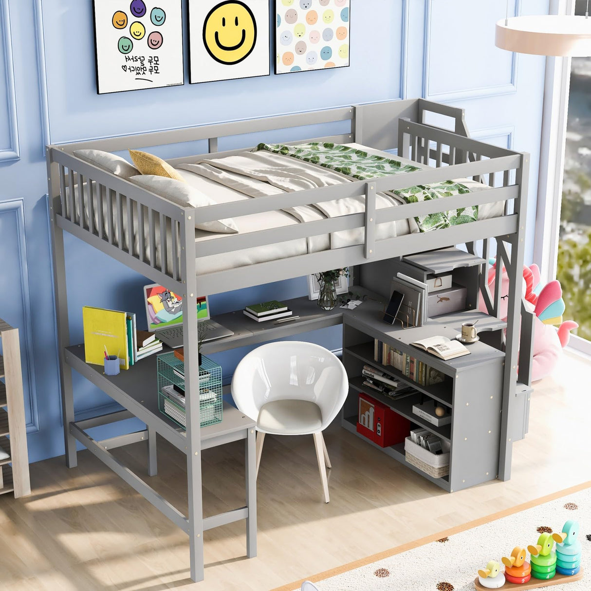 Wood Full Size Loft Bed Frame with Built-in L Shaped Desk & 3 Storage Shelves & Attached Storage Stairs for Kids