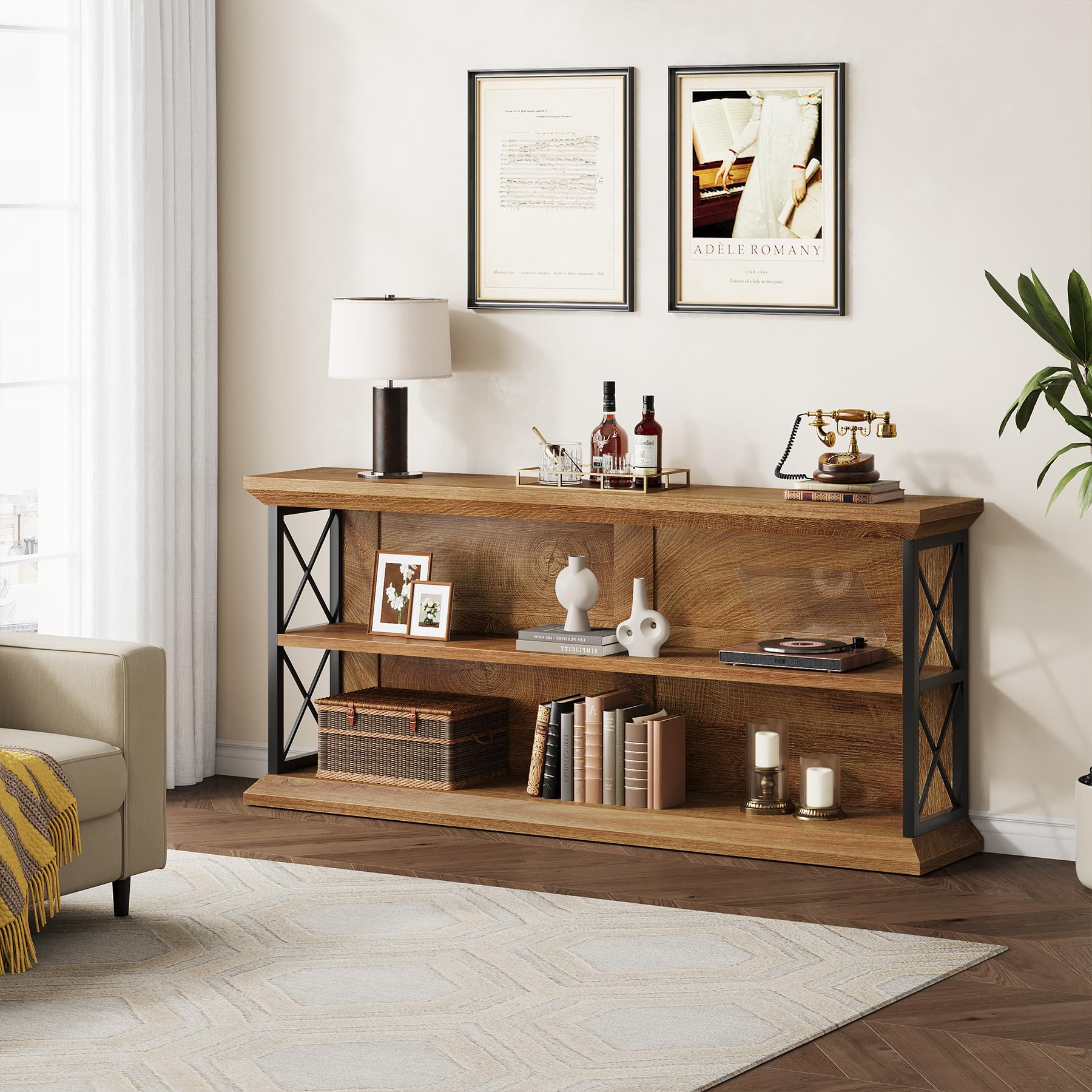 63 Inch Console Table with 3-Tier Storage - Oak Brown