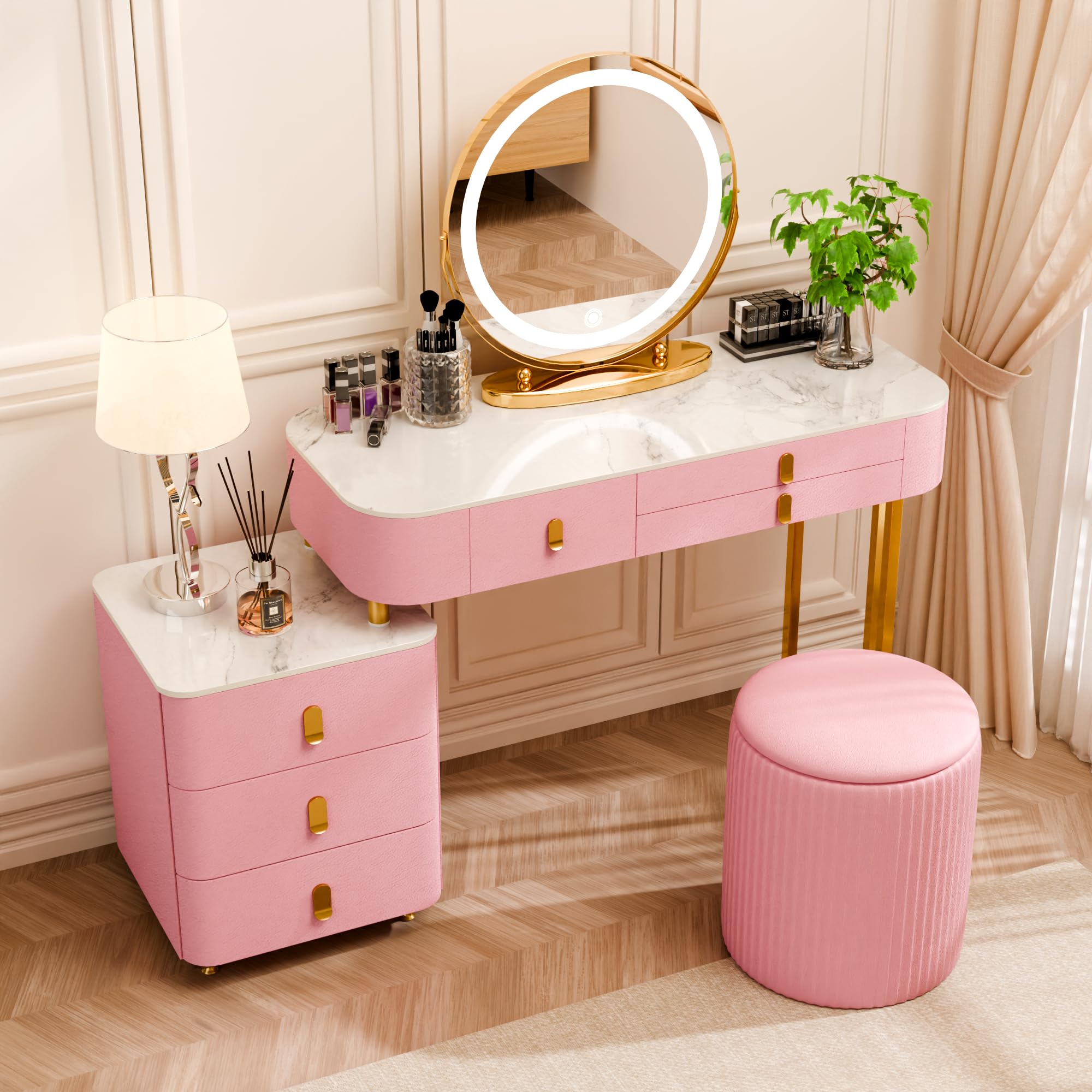 Hunlyman Luxury Makeup Vanity-Vanity Desk with 3-Color Adjustable Lights and 6 Solid Wood Drawers,Dressing Table with Side Cabinet Marble Desktop for Modern Bedroom for Her Gift (Pink)