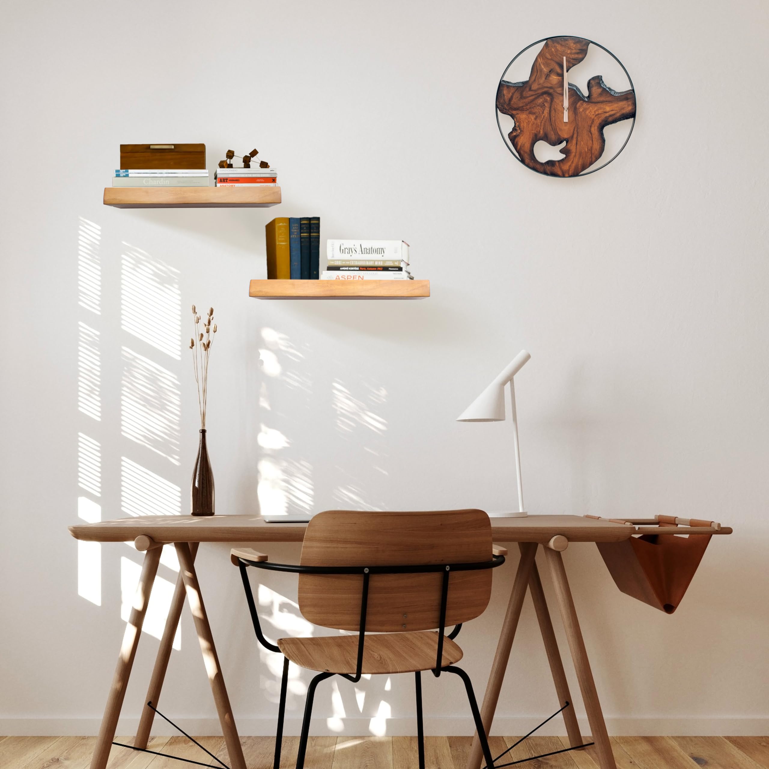Rustic Wood Wall Clock - Unique Modern Live Edge Teak Dial with Large Black Metal Frame,