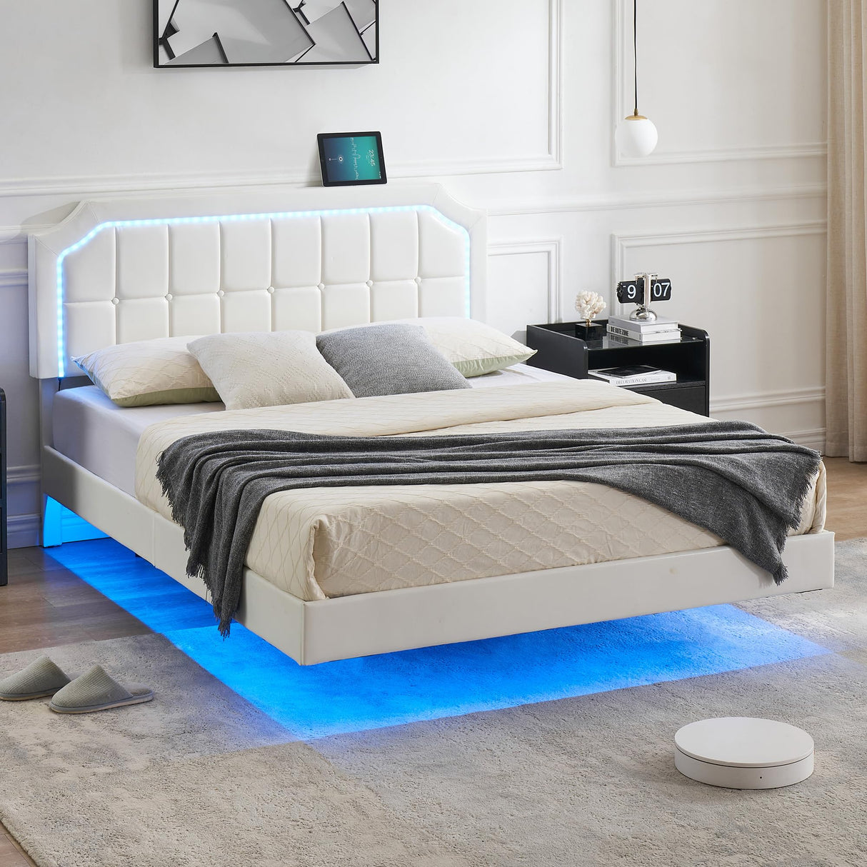 IDEALHOUSE Floating Bed Frame Full Size with RGB Led Lights, Upholstered Platform Full Bed with Adjustable Headboard, Button Tafted Headboard No Box Spring Needed, Easy to Assemble