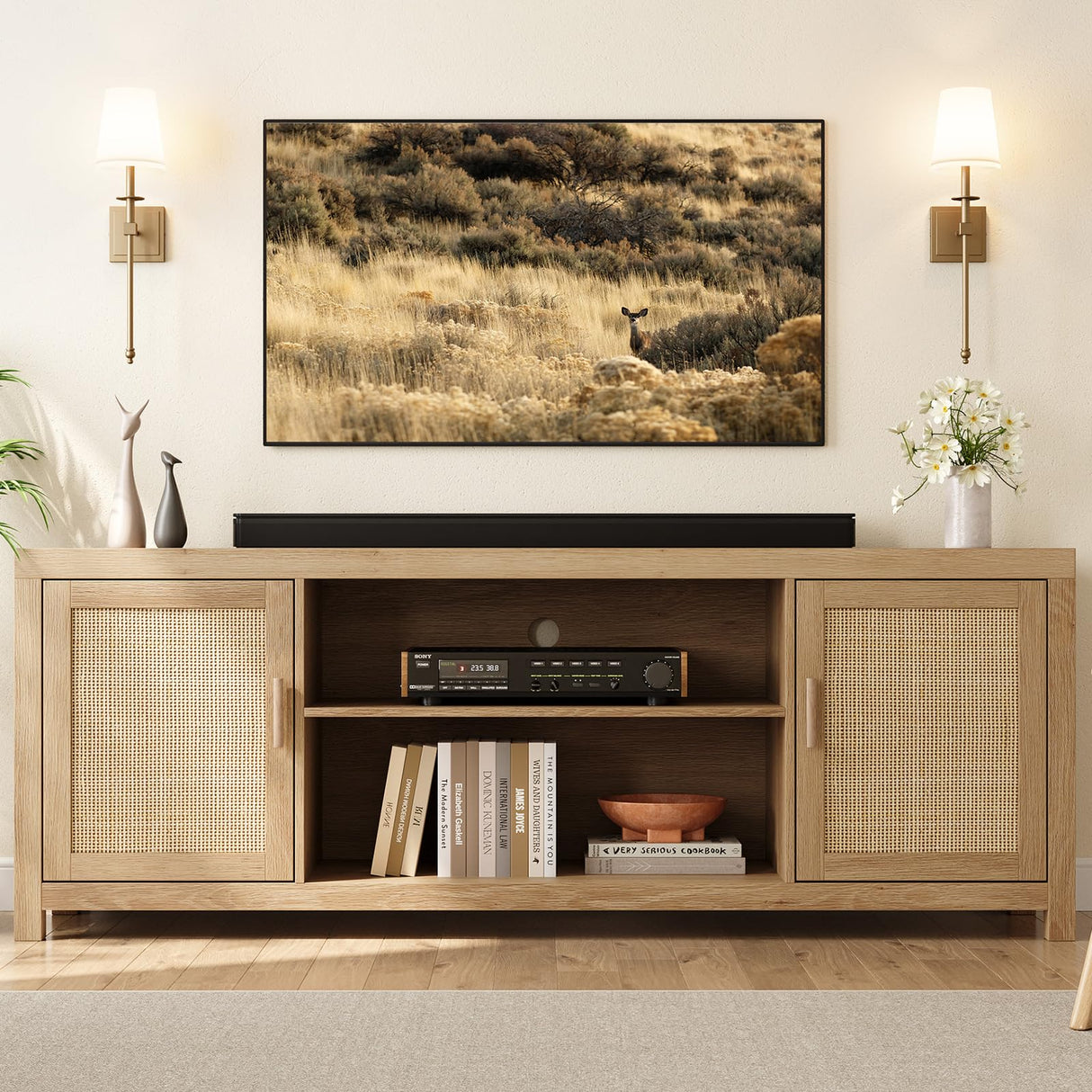 Rattan TV Stand for 75 inch, Boho Entertainment Center with Adjustable Shelves