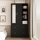 Wardrobe Armoire Wooden Closet with Mirror, 2 Doors, 2 Drawers