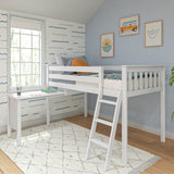 Low Loft Bed, Twin Bed Frame For Kids With Pull-Out Desk, White